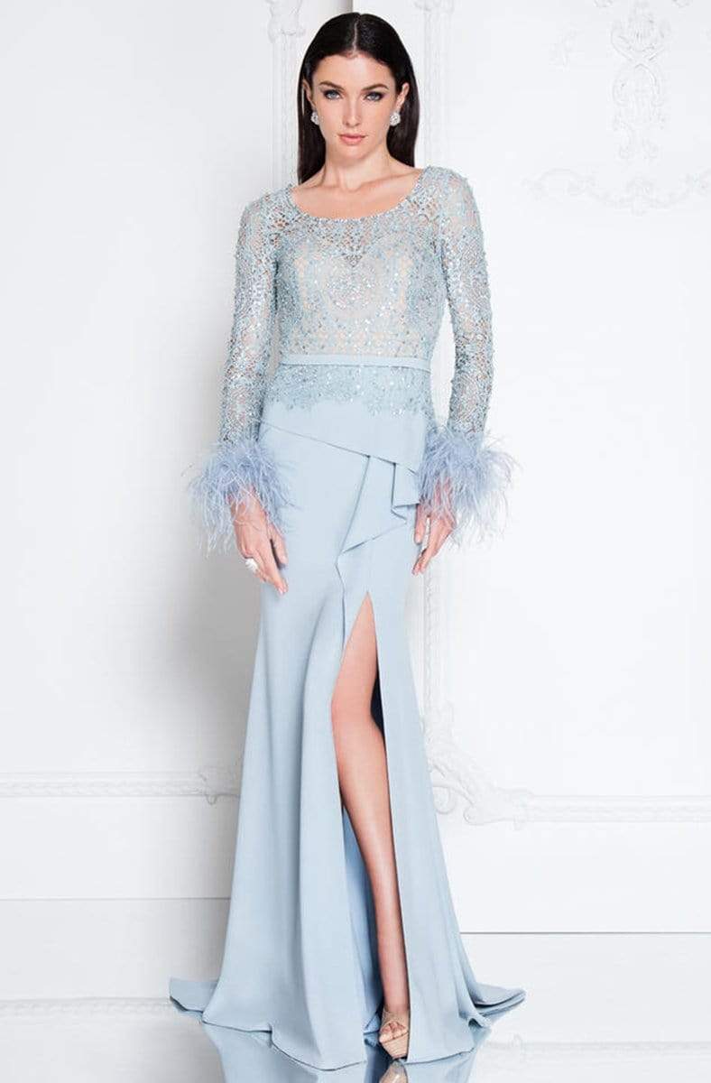 Terani Couture - 1811M6568 Embellished Long Sleeve Sheath Dress Special Occasion Dress 00 / Powder Blue Nude
