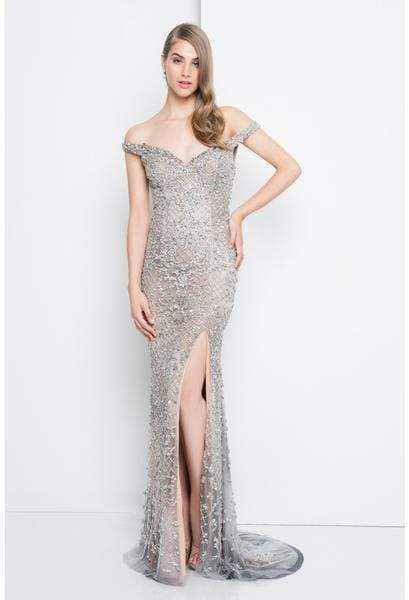 Terani Couture - 1811P5261 Embellished Off-Shoulder Trumpet Dress Special Occasion Dress 0 / Silver Ombre