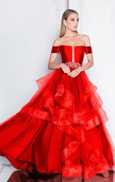 Terani Couture - Ruffled Long Evening Dress 1811P5838SC In Red