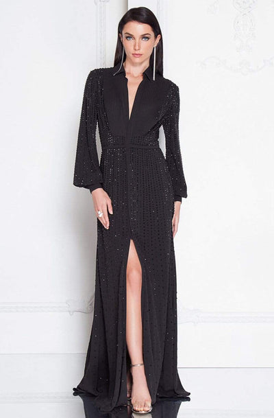 Terani Couture - 1812E6274 Bishop Sleeves Bejeweled Gown Special Occasion Dress 0 / Black