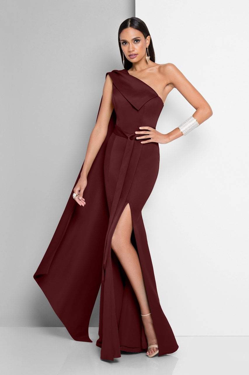 Terani Couture - 1812E6296X Cascading Paneled Asymmetrical Long Gown Prom Dresses 0 / Wine
