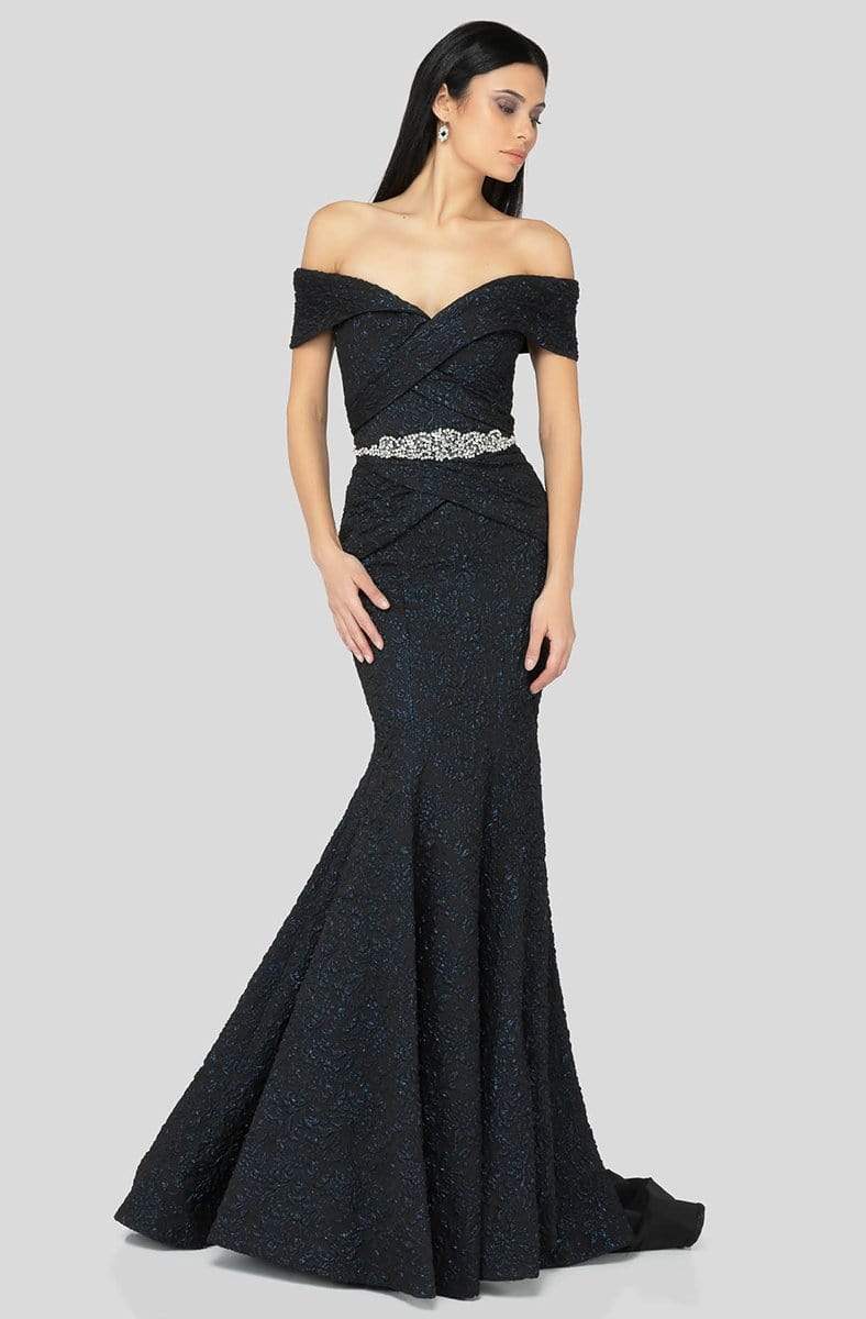 Terani Couture - 1812M6657 Off-Shoulder Brocade Gown Evening Dresses 00 / Navy