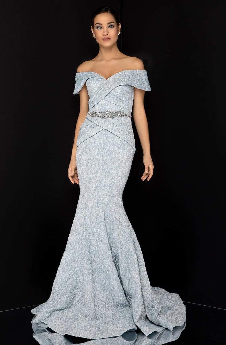 Terani Couture - 1812M6657 Off-Shoulder Brocade Gown Evening Dresses 00 / Periwinkle