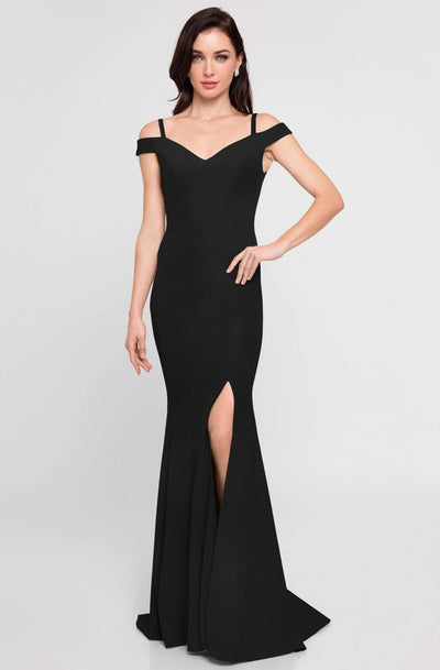 Terani Couture - 1813B5185 Sculpted Off Shoulder High Slit Sheath Gown Special Occasion Dress 00 / Black