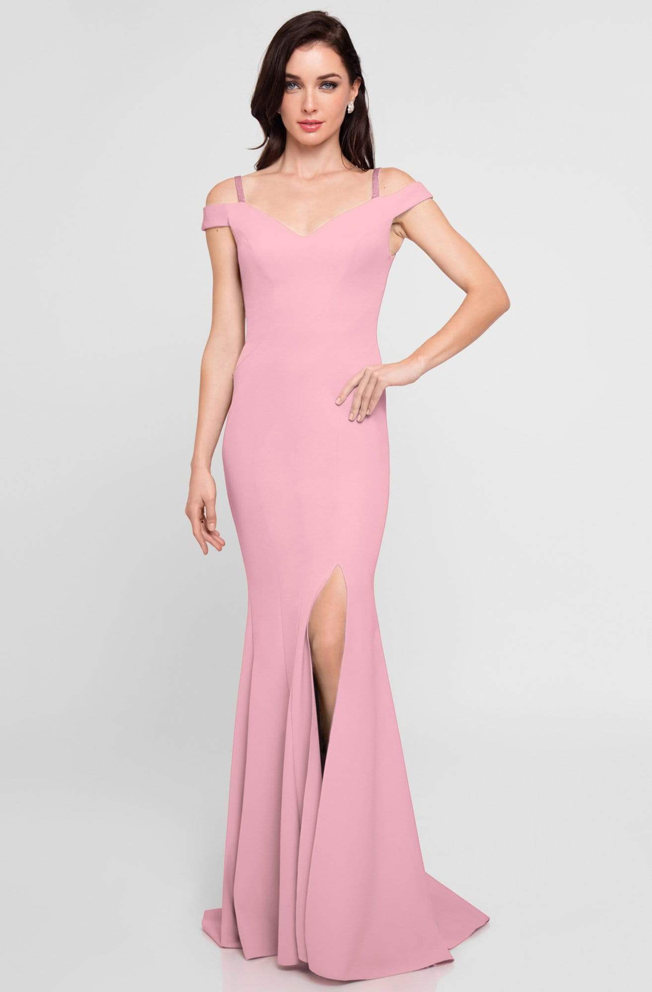 Terani Couture - 1813B5185 Sculpted Off Shoulder High Slit Sheath Gown Special Occasion Dress 00 / Blush