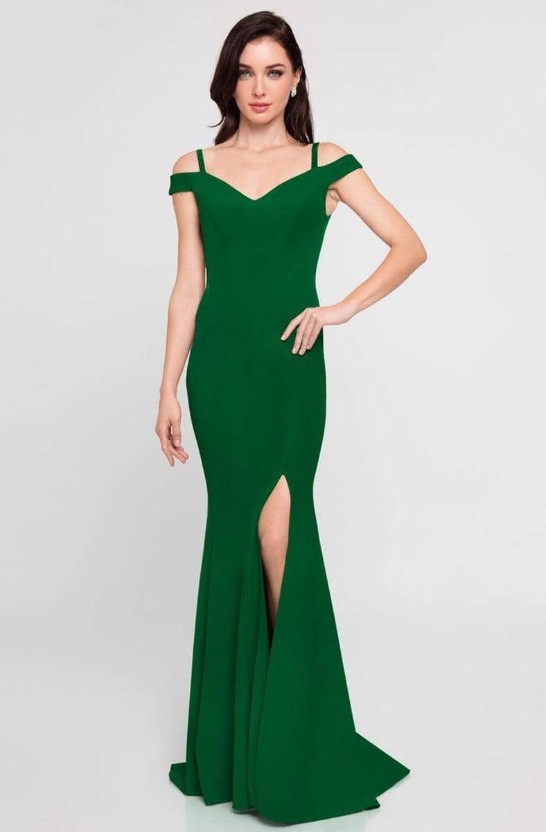 Terani Couture - 1813B5185 Sculpted Off Shoulder High Slit Sheath Gown Special Occasion Dress 00 / Emerald
