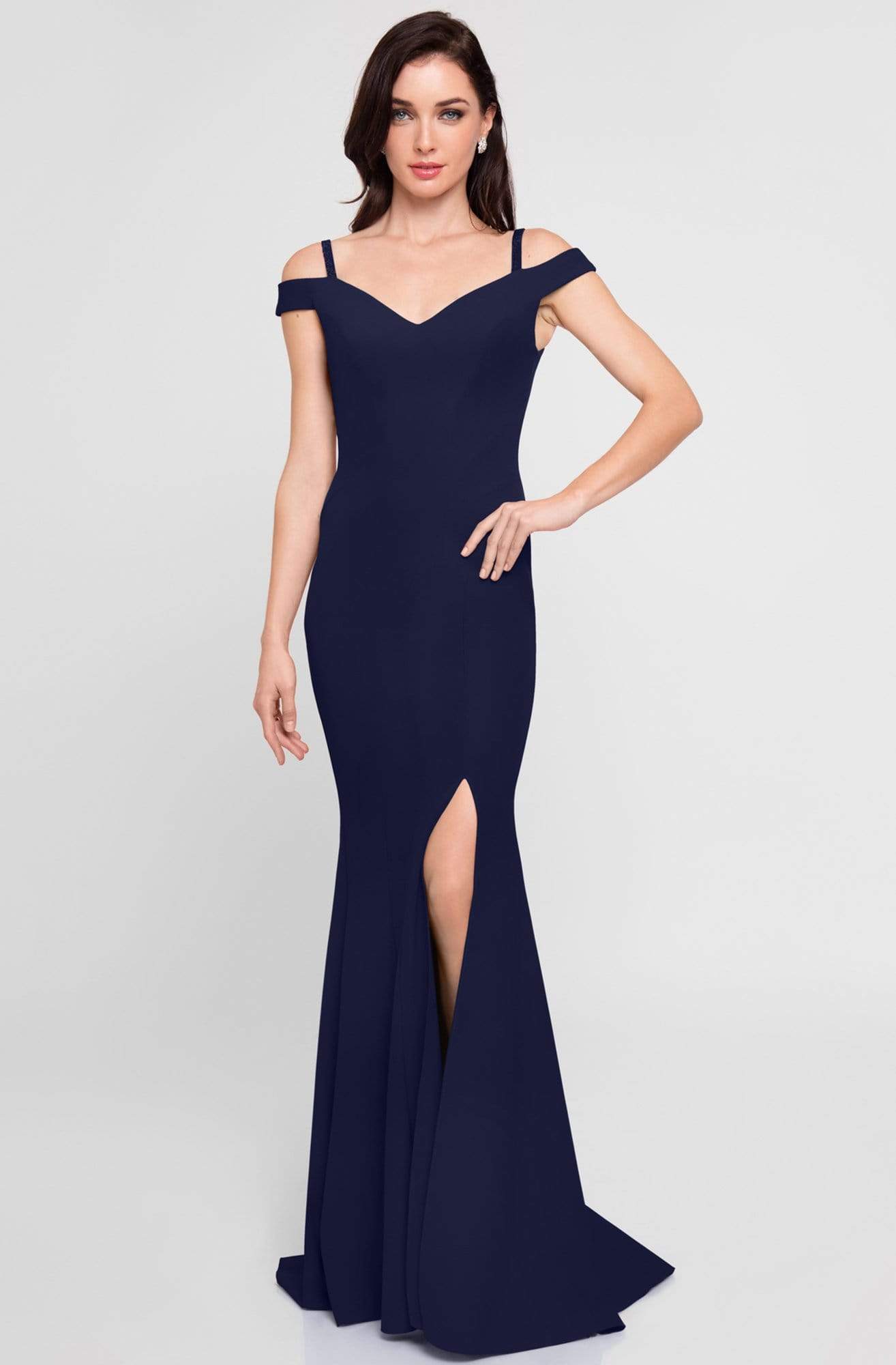 Terani Couture - 1813B5185 Sculpted Off Shoulder High Slit Sheath Gown Special Occasion Dress 00 / Navy
