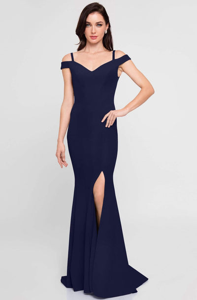 Terani Couture - 1813B5185 Sculpted Off Shoulder High Slit Sheath Gown Special Occasion Dress 00 / Navy