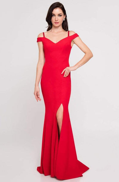 Terani Couture - 1813B5185 Sculpted Off Shoulder High Slit Sheath Gown Special Occasion Dress 00 / Red