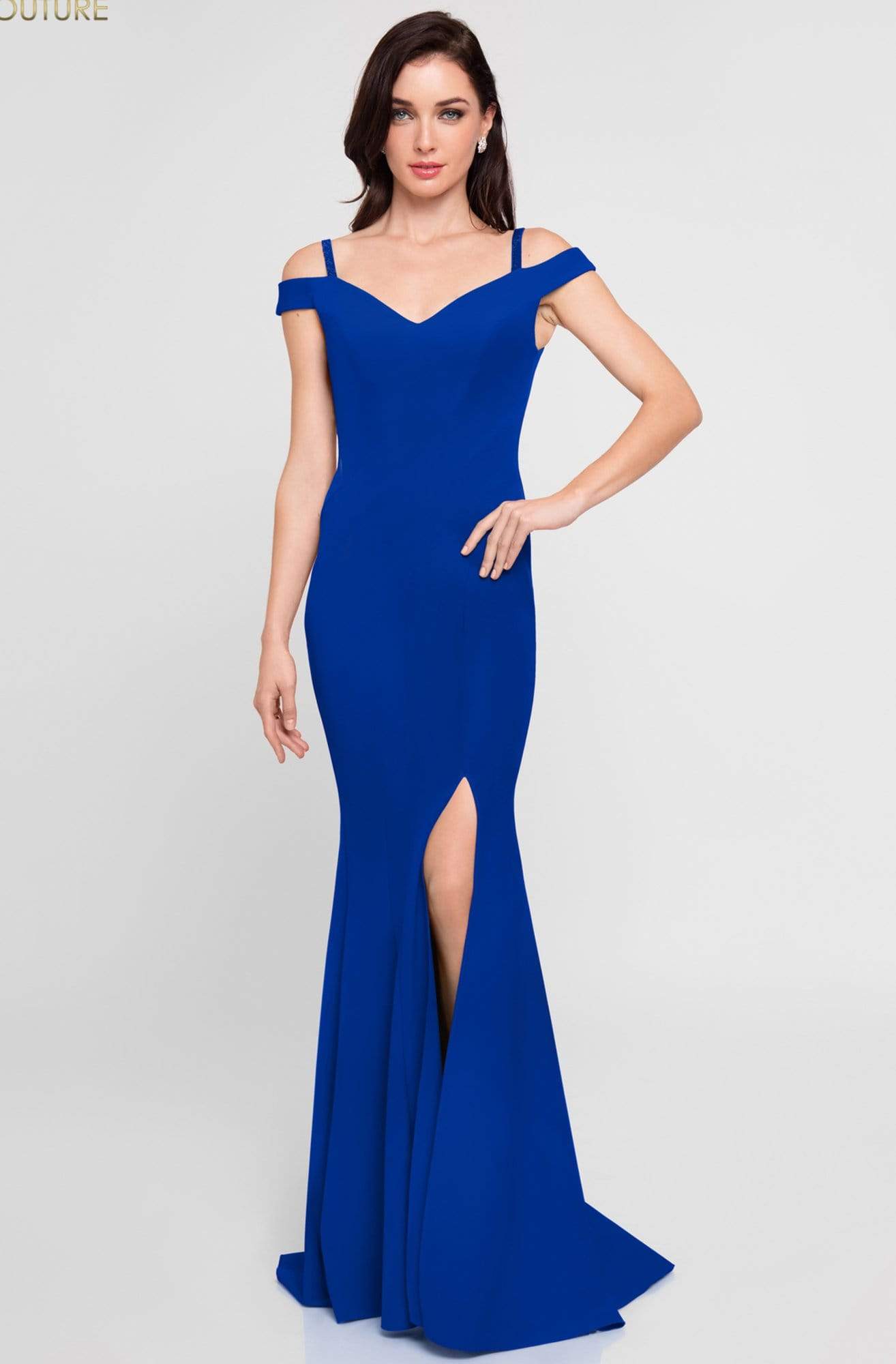 Terani Couture - 1813B5185 Sculpted Off Shoulder High Slit Sheath Gown Special Occasion Dress 00 / Royal