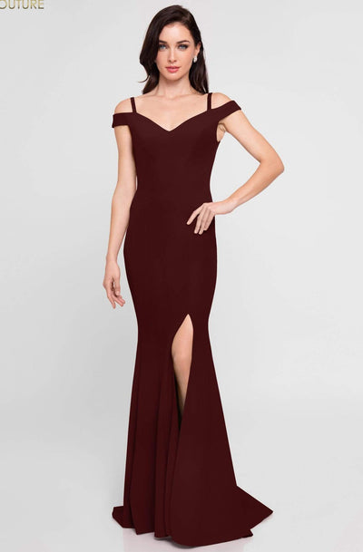 Terani Couture - 1813B5185 Sculpted Off Shoulder High Slit Sheath Gown Special Occasion Dress 00 / Wine