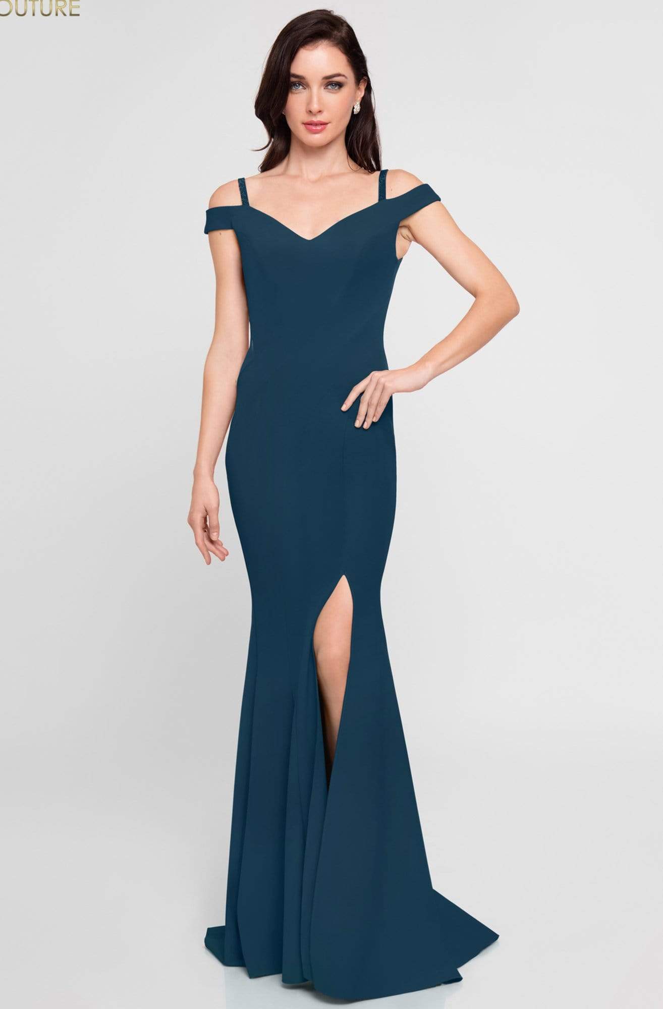 Terani Couture - 1813B5185 Sculpted Off Shoulder High Slit Sheath Gown Special Occasion Dress