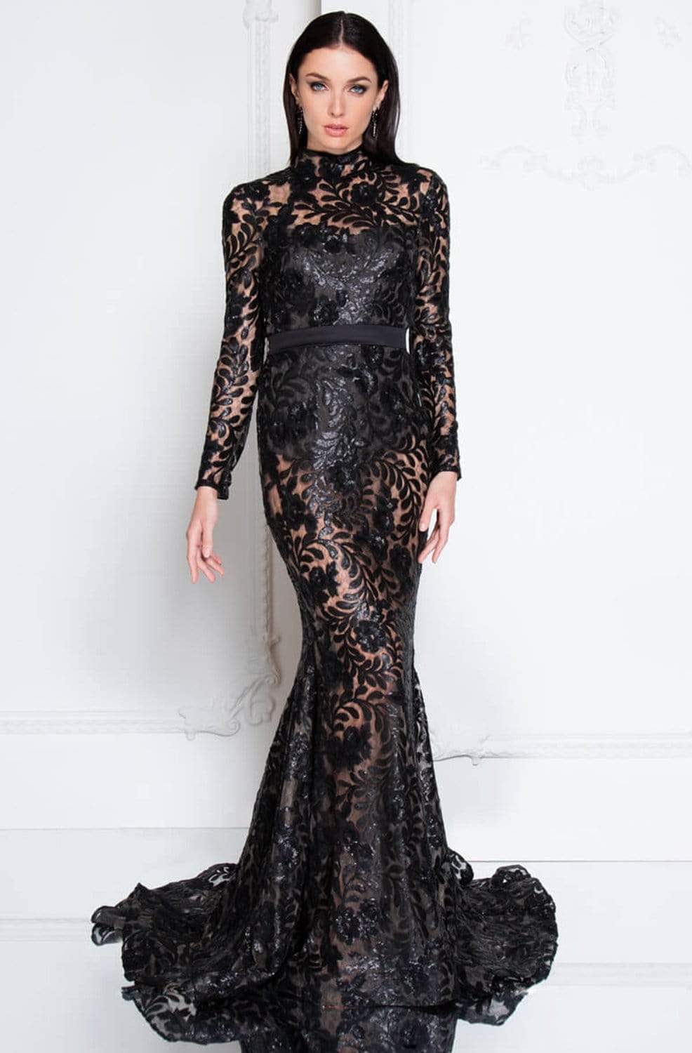 Terani Couture - 1813E6346 High Neck Bodysuit Illusion Gown Special Occasion Dress 00 / Black Nude