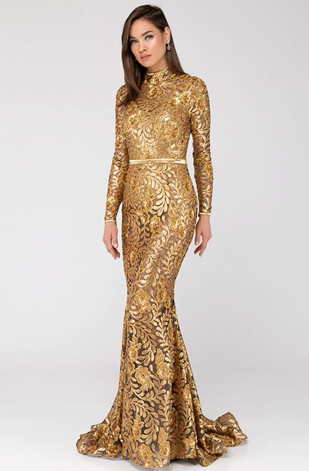 Terani Couture - 1813E6346 High Neck Bodysuit Illusion Gown Special Occasion Dress 00 / Gold Nude