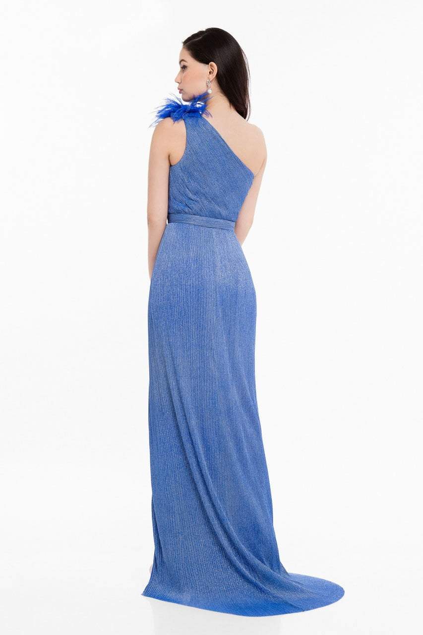 Terani Couture - 1821E7138 Feather Accented One Shoulder Sheath Dress Special Occasion Dress