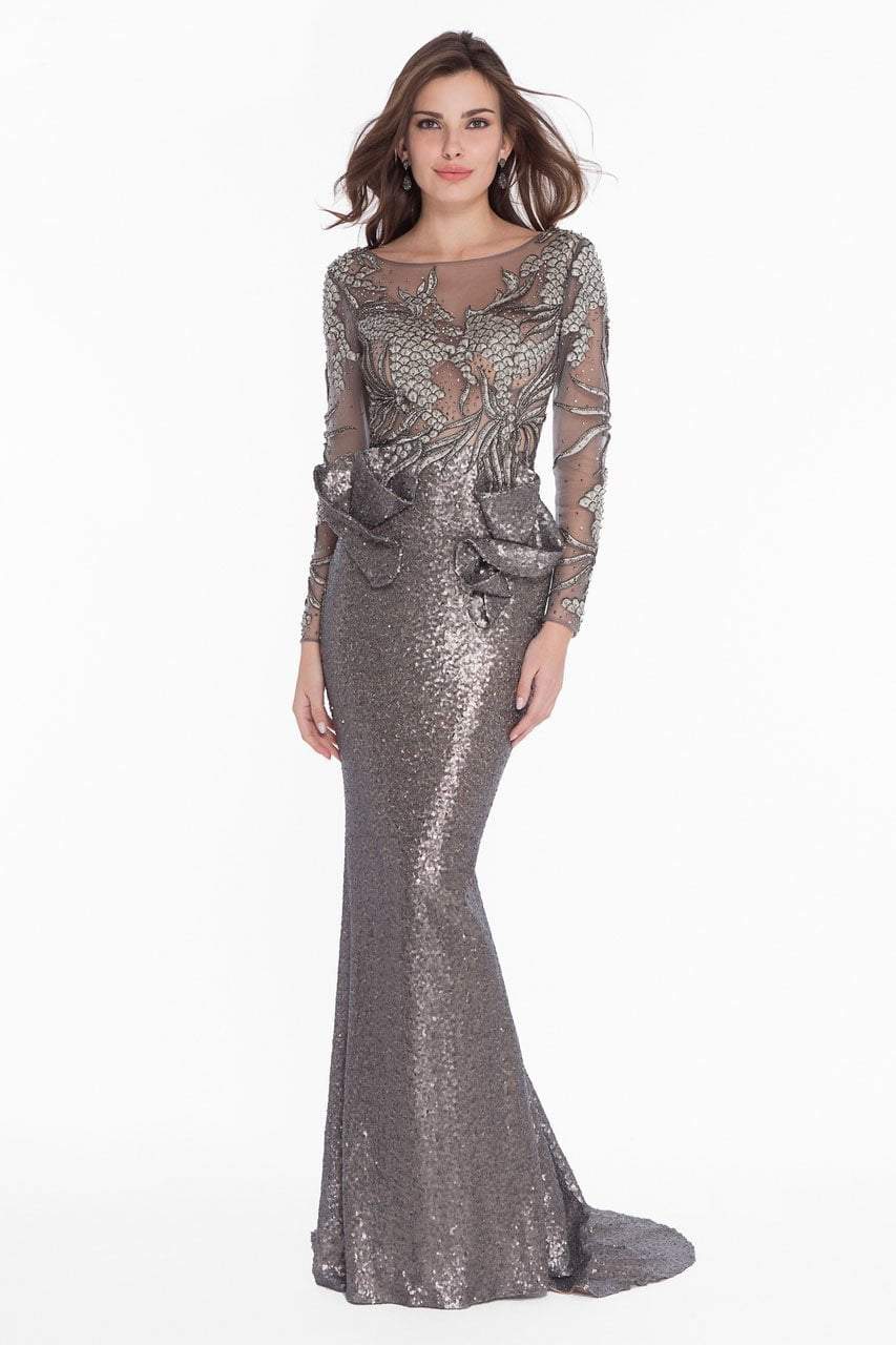 Terani Couture - 1821GL7402 Embroidered Illusion Sequin Ornate Gown Special Occasion Dress 0 / Gunmetal Nude