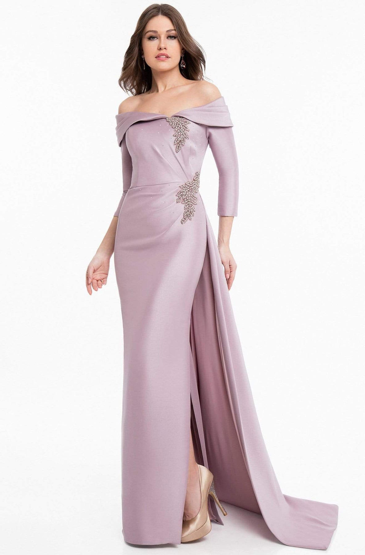 Terani Couture - 1821M7550 Folded Off Shoulder Quarter Sleeve Gown Mother of the Bride Dresses 0 / Mauve
