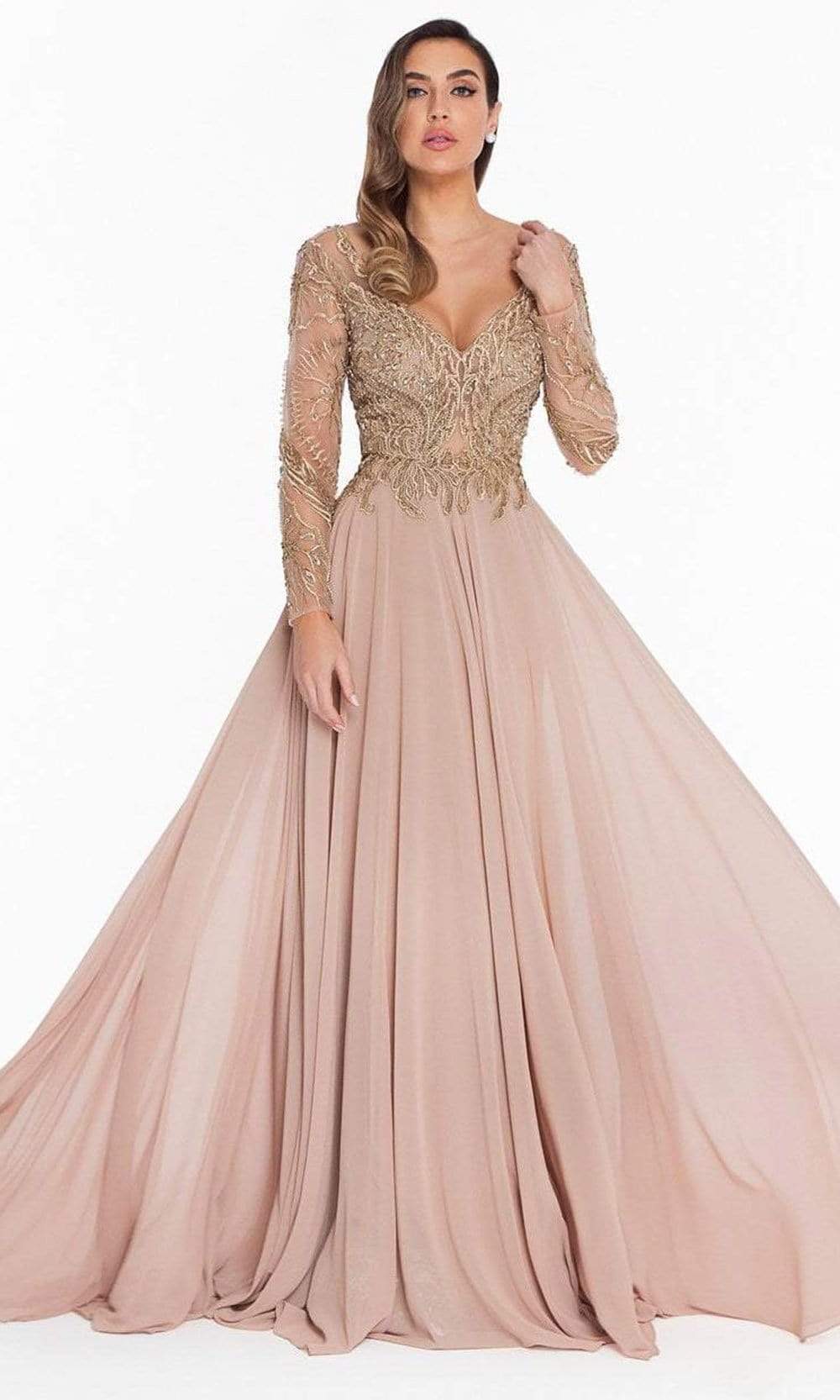 Terani Couture - 1821M7563SC Embroidered Flowy Chiffon A-line Gown In Gold and Neutral