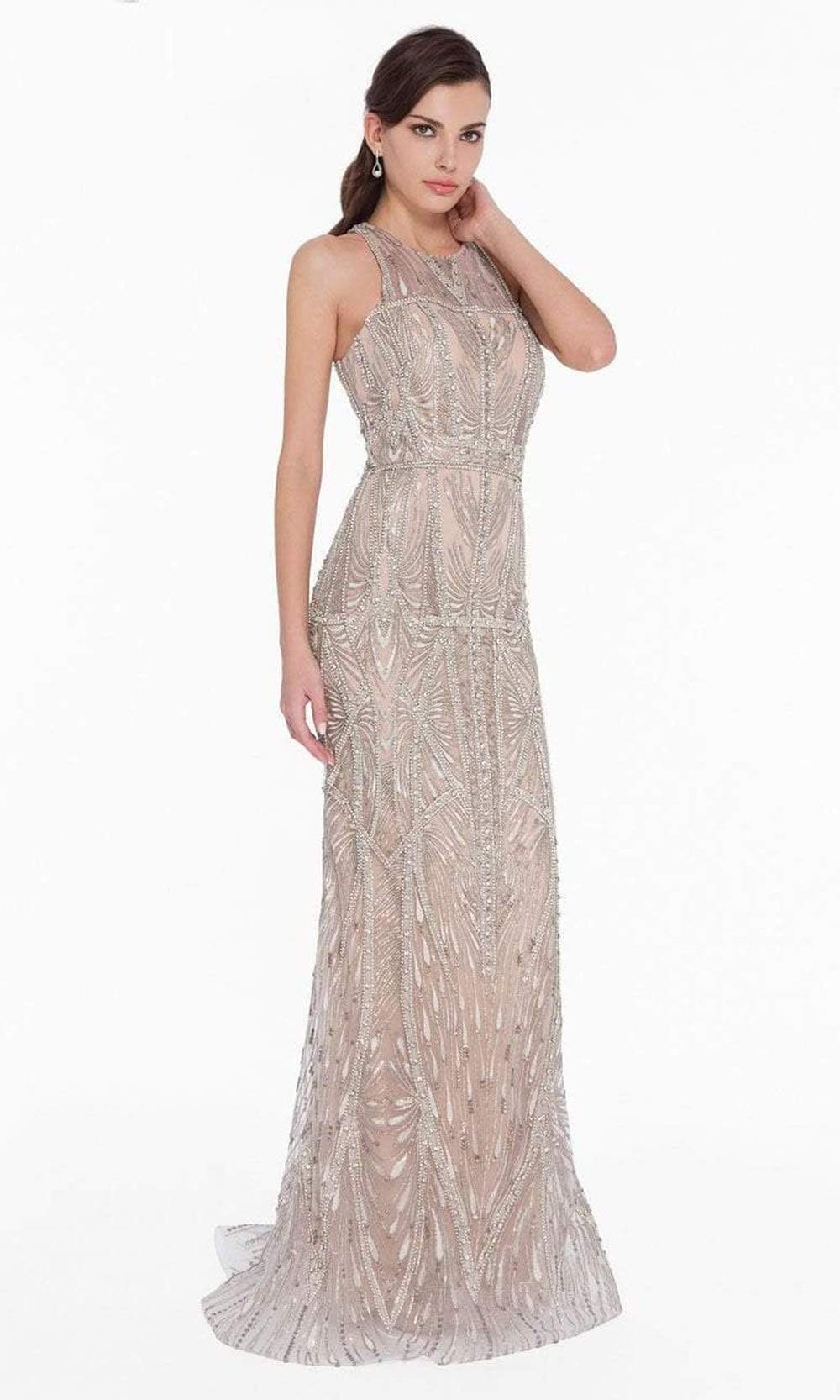 Terani Couture - 1822GL7508 Embroidered Illusion Halter Sheath Dress Special Occasion Dress 0 / Ivory Gold