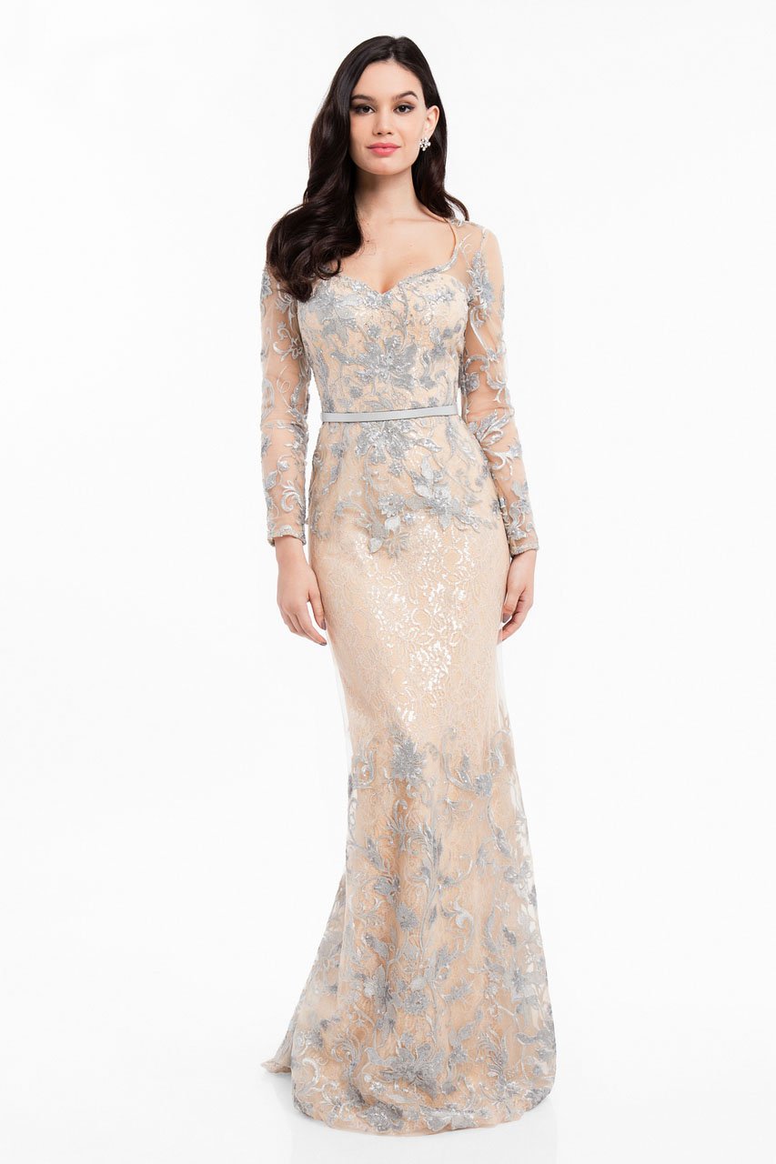 Terani Couture - 1823M7706 Sequined Sweetheart Long Sleeves Gown Special Occasion Dress 0 / Silver Nude
