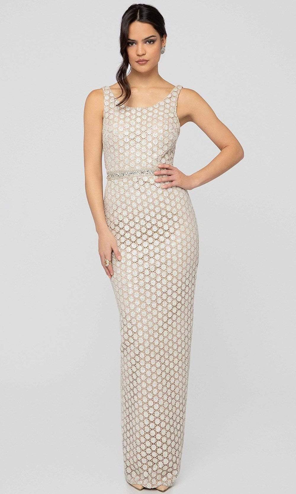 Terani Couture - 1911E9087SC Polka Dotted Style Column Pretty Dress In Neutral