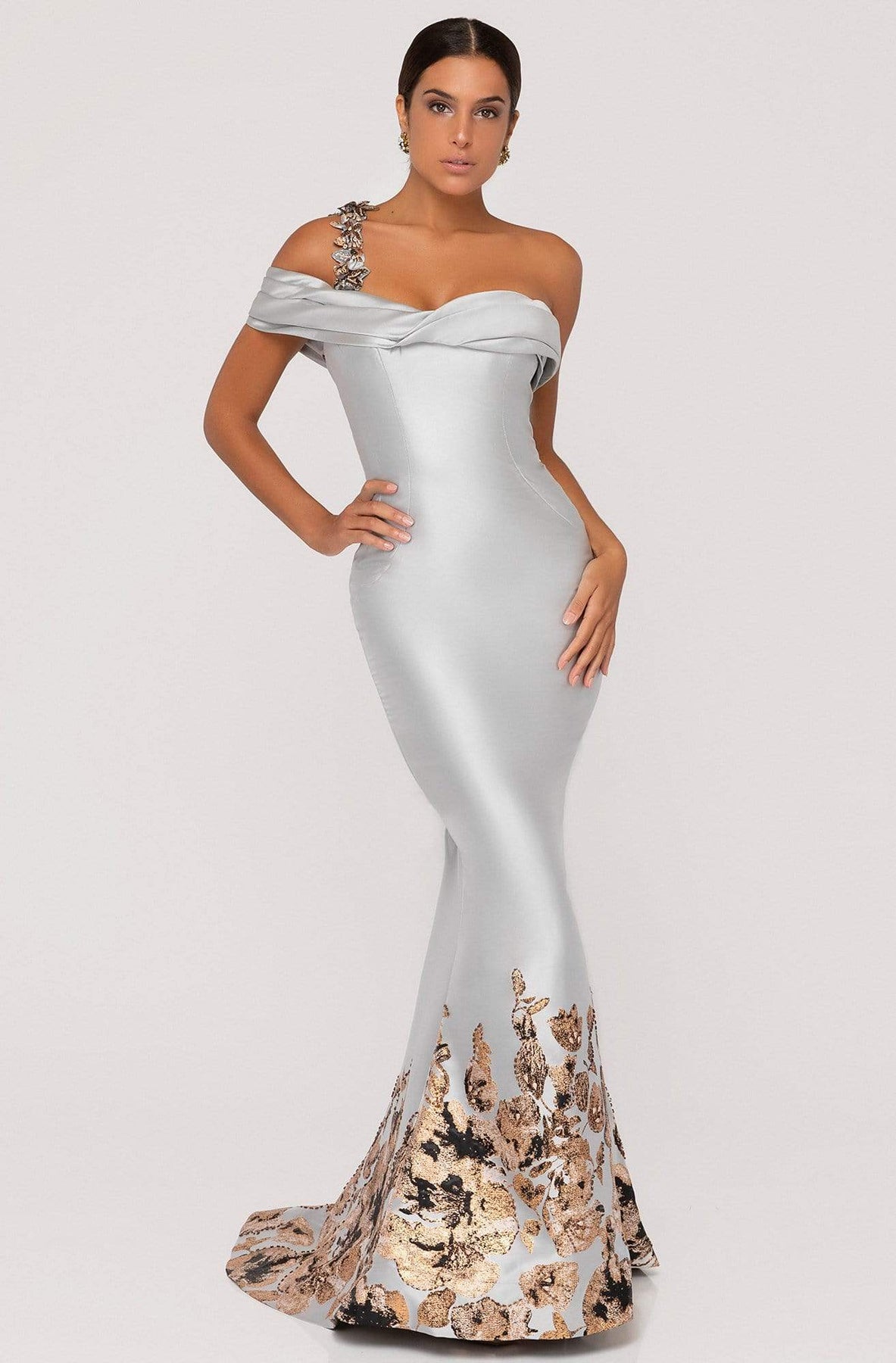 Terani Couture - 1911E9141 Floral Appliqued One Shoulder Evening Gown Evening Dresses 0 / Silver Bronze
