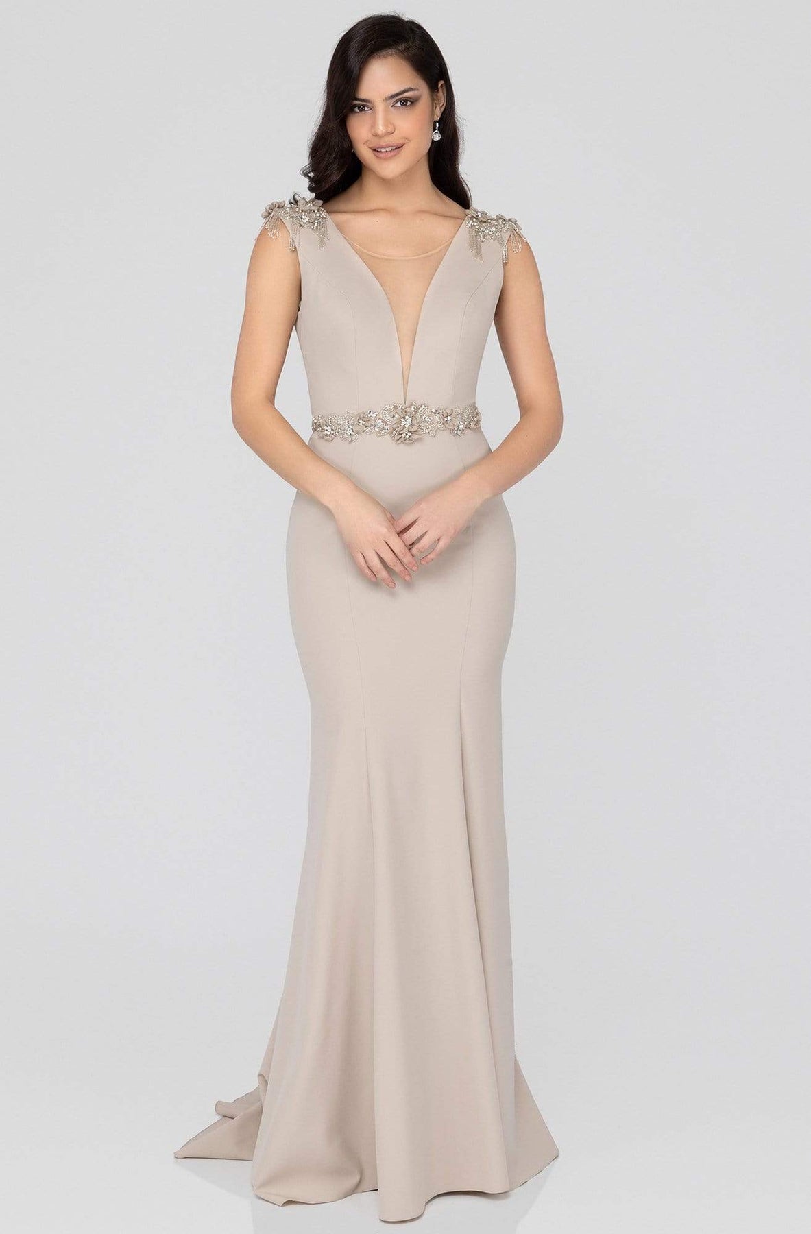 Terani Couture - 1911E9601 Illusion Plunging Embellished Mermaid Gown Evening Dresses 0 / Stone