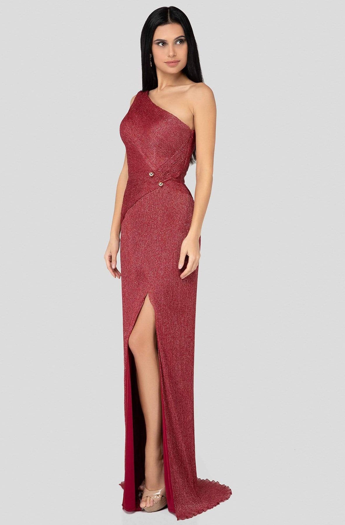 Terani Couture - 1911E9610 One Shoulder Asymmetric Neck Evening Dress Special Occasion Dress 0 / Berry