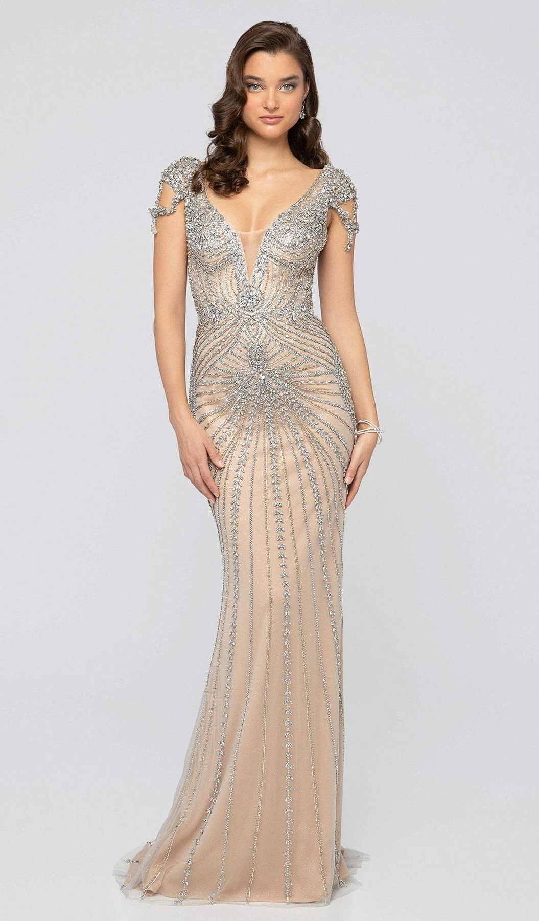 Terani Couture - 1911GL9498 Crystal Embellished Sheath Evening Gown Special Occasion Dress 0 / Crystal Nude
