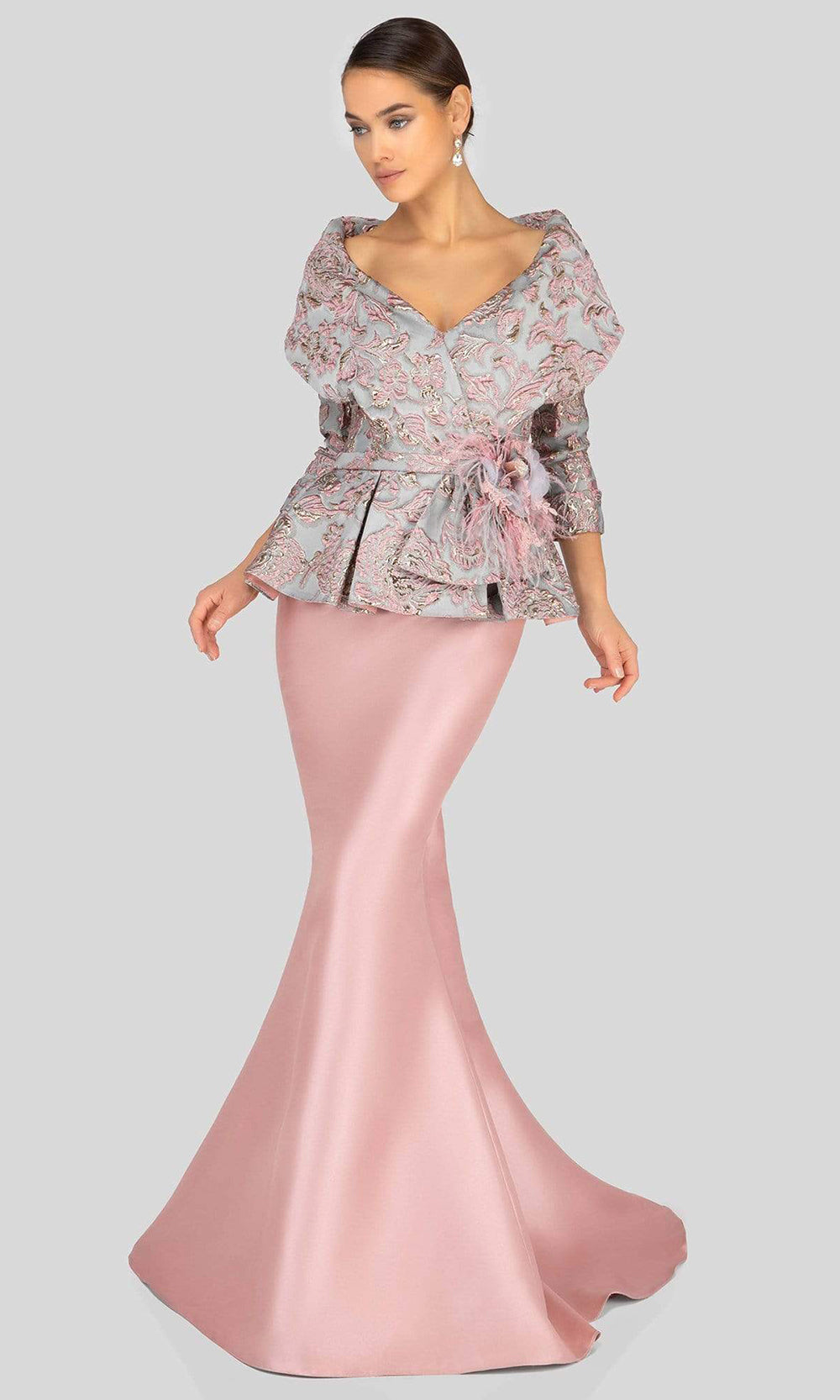 Terani Couture - Floral Embossed Quarter Sleeves Mermaid Dress 1911M9322SC In Pink and Gray