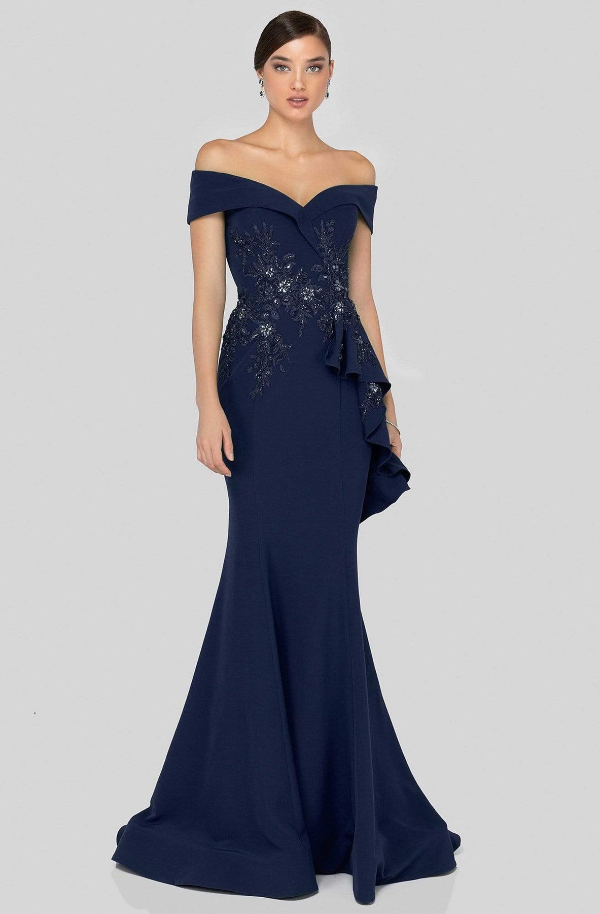 Terani Couture - 1911M9339 Off Shoulder Side Drape Peplum Mermaid Gown Special Occasion Dress 0 / Navy