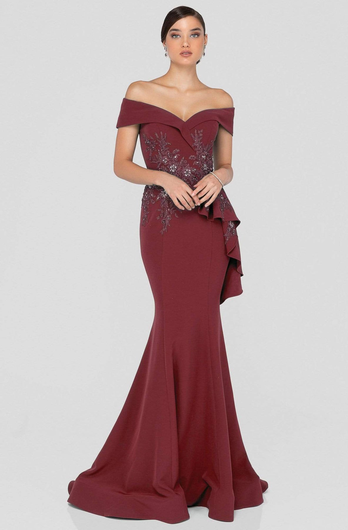 Terani Couture - 1911M9339 Off Shoulder Side Drape Peplum Mermaid Gown Special Occasion Dress 0 / Wine