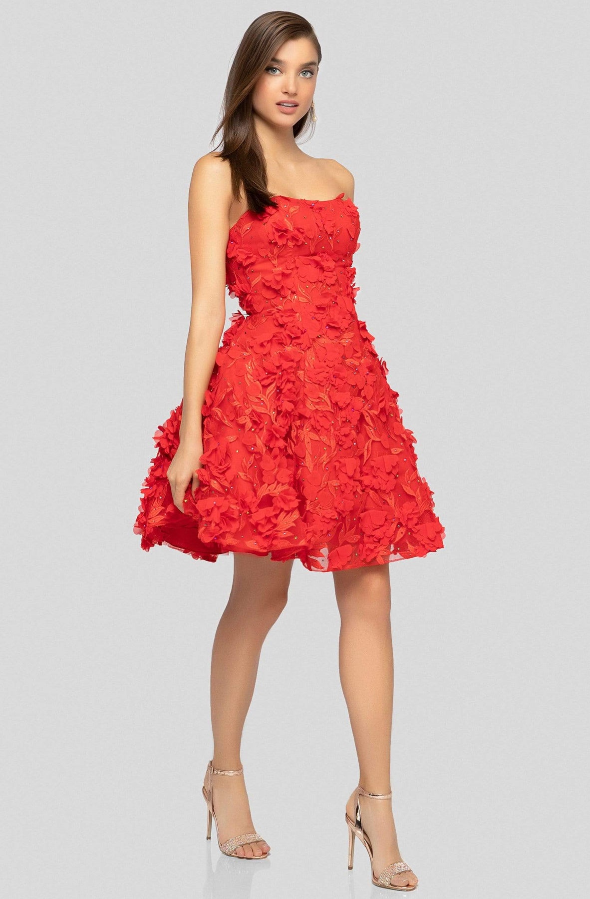 Terani Couture - 1911P8057 Jeweled Floral Appliqued Bustier Dress Cocktail Dresses 0 / Red