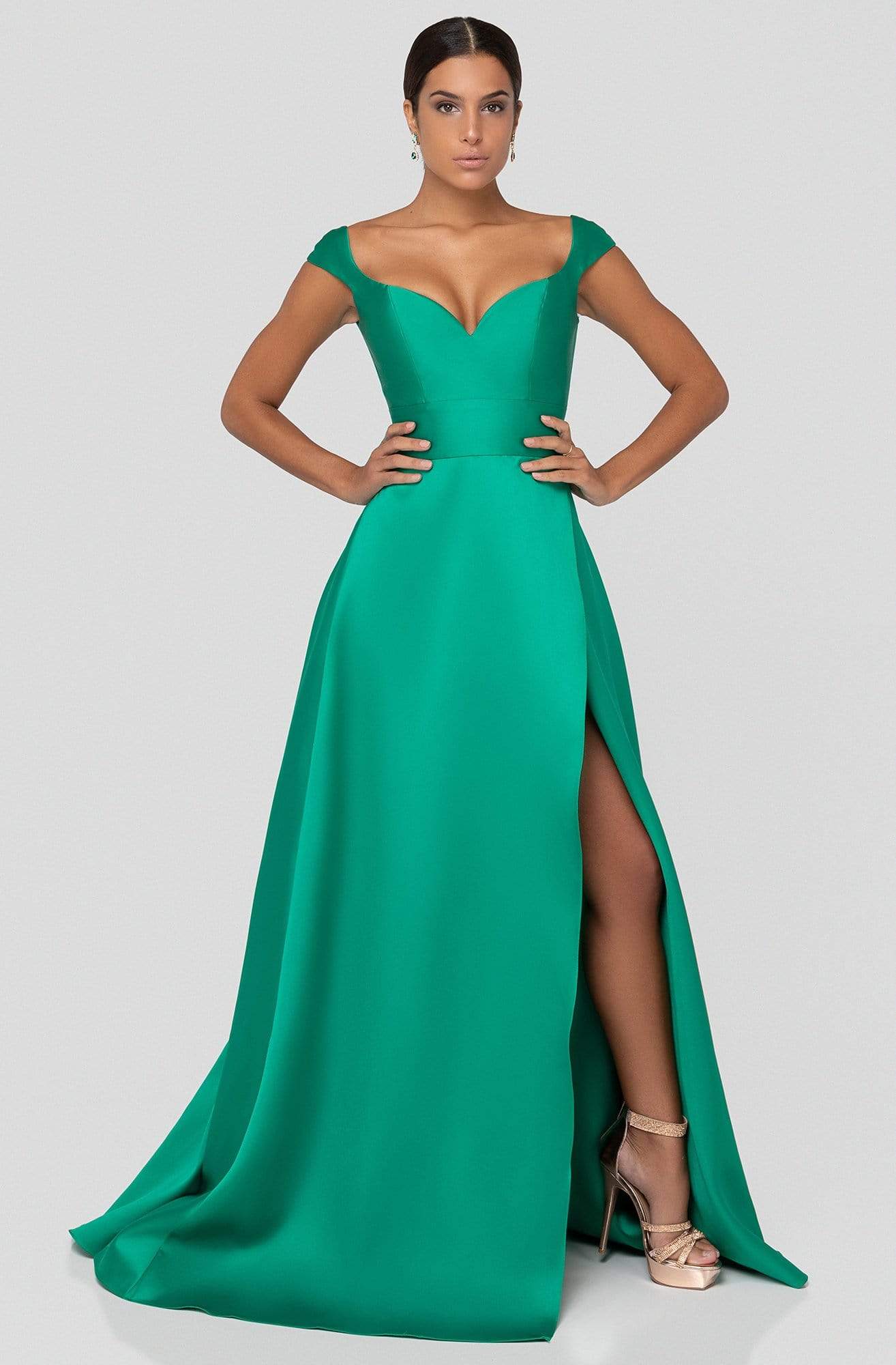 Terani Couture - 1911P8153 Deep V-Neck Mock Wrap High Slit Gown Prom Dresses 0 / Emerald