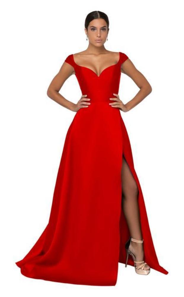 Terani Couture - 1911P8153 Deep V-Neck Mock Wrap High Slit Gown Prom Dresses 0 / Red