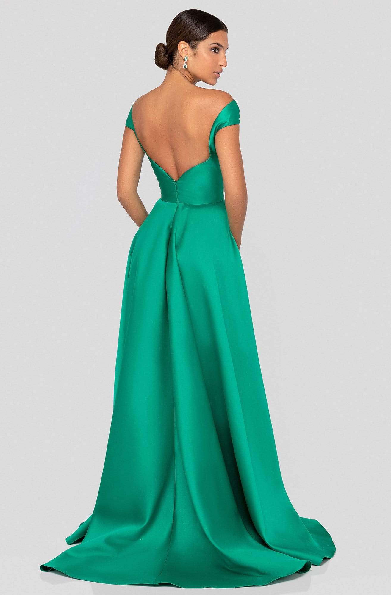 Terani Couture - 1911P8153 Deep V-Neck Mock Wrap High Slit Gown Prom Dresses