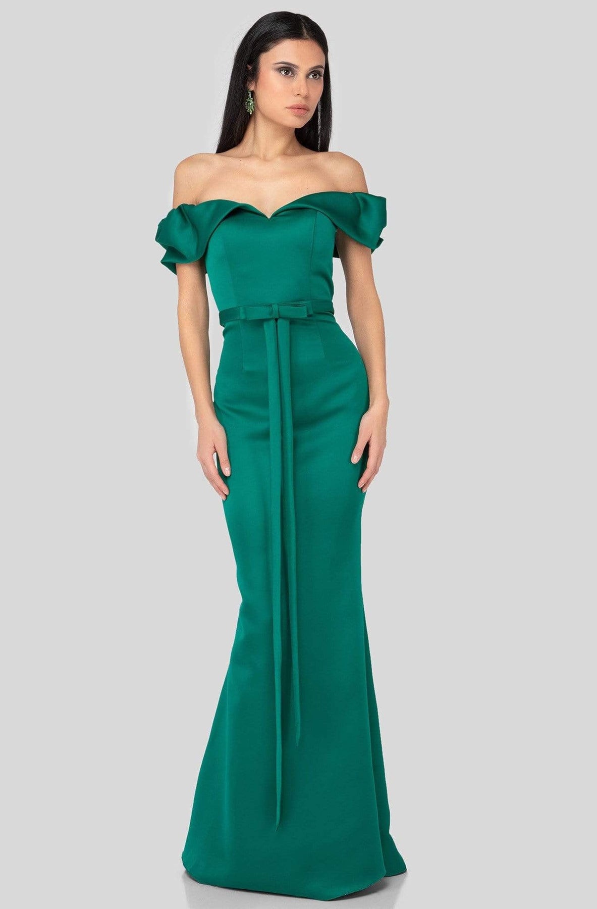 Terani Couture - 1911P8183 Ruffled Sleeves Off Shoulder Mermaid Gown Prom Dresses 0 / Emerald