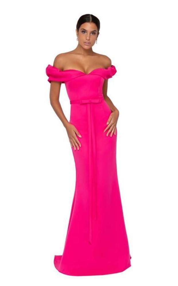 Terani Couture - 1911P8183 Ruffled Sleeves Off Shoulder Mermaid Gown Prom Dresses 0 / Hot Pink
