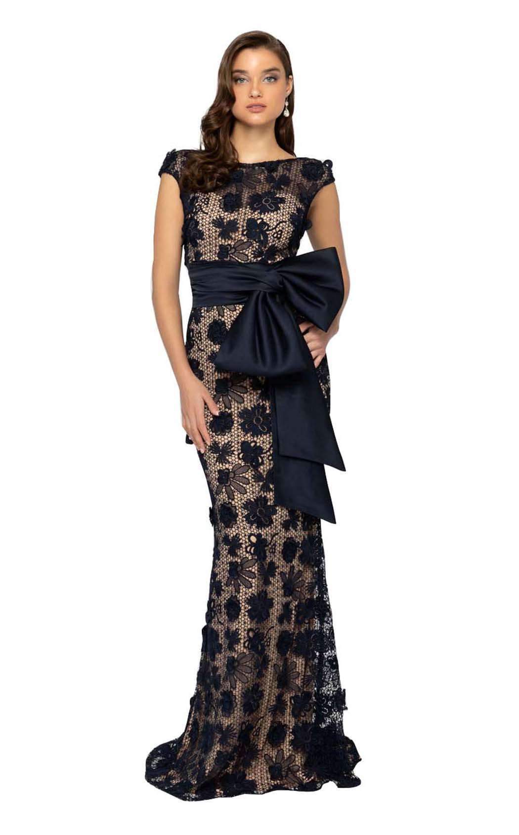Terani Couture - 1912E9175 Lace Bateau Trumpet Dress With Train Special Occasion Dress 0 / Navy