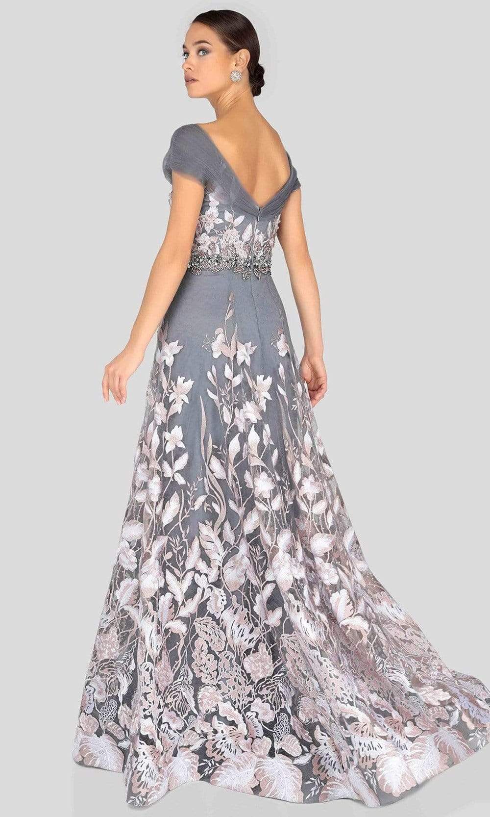 Terani Couture - 1912M9347SC Floral Motif V Neck A-line Dress In Gray and Pink