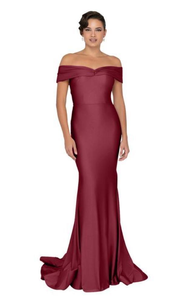 Terani Couture - 1912P8283 Off Shoulder Satin Mermaid Gown Prom Dresses 0 / Wine