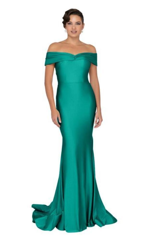 Terani Couture - 1912P8283 Off Shoulder Satin Mermaid Gown Prom Dresses 2 / Emerald