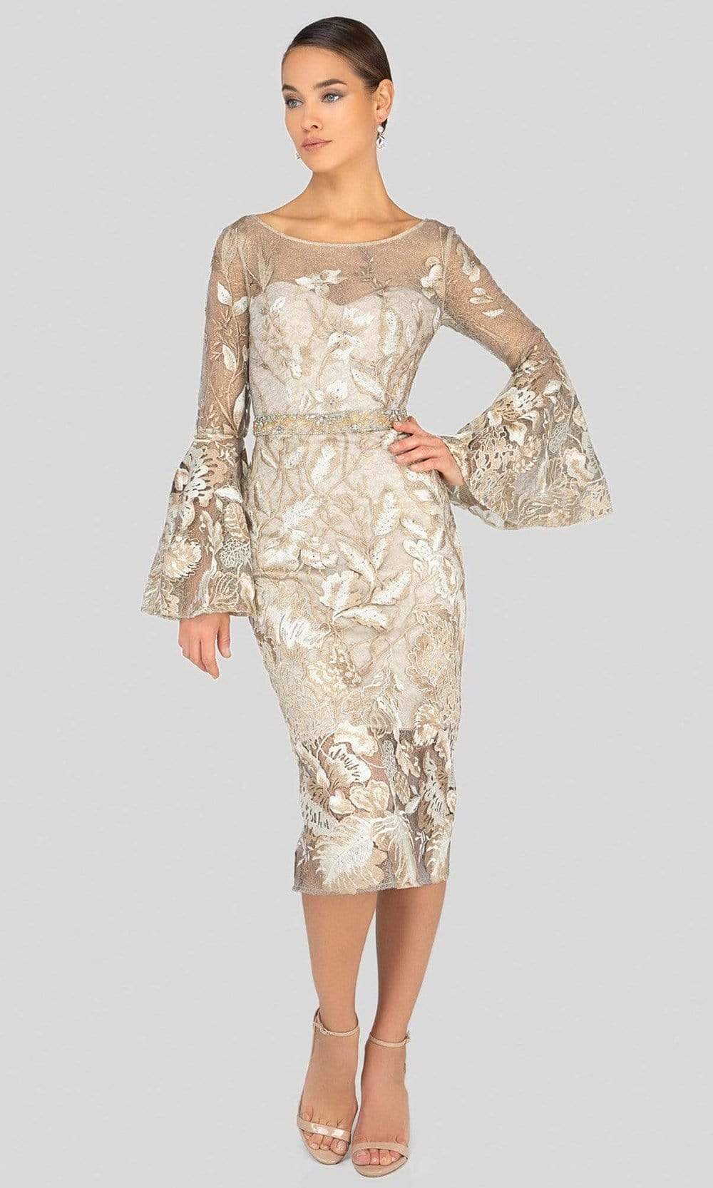 Terani Couture - 1913C9065 Long Bell Sleeve Embroidered Lace Dress Mother of the Bride Dresses 0 / Champagne