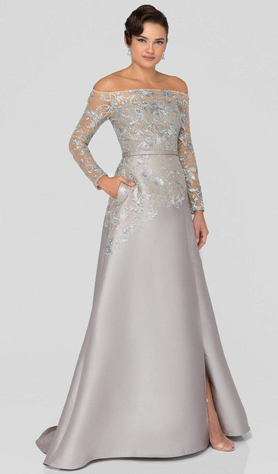 Terani Couture - 1913E9230 Embroidered Off-Shoulder Long Sleeve Dress Special Occasion Dress 0 / Silver Nude Taupe