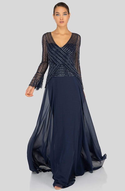 Terani Couture - 1913M9403 Glitter Mesh Long Sleeve Formal Dress Mother of the Bride Dresses 0 / Indigo