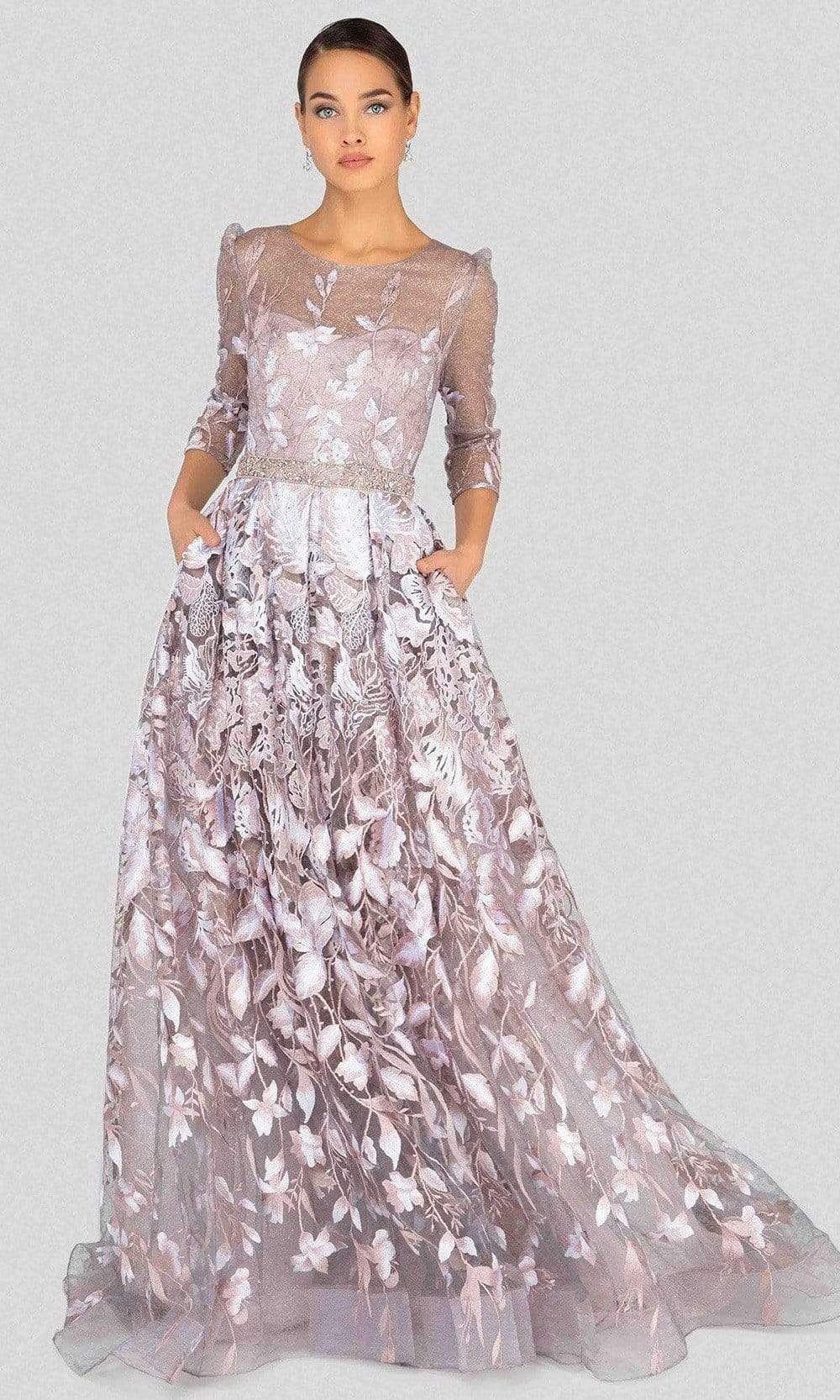 Terani Couture - 1913M9408 Quarter Sleeve Embroidered Sheer Ballgown Evening Dresses 0 / Blush