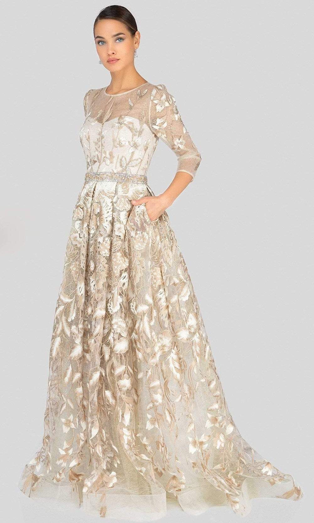 Terani Couture - 1913M9408 Quarter Sleeve Embroidered Sheer Ballgown Evening Dresses 0 / Champagne
