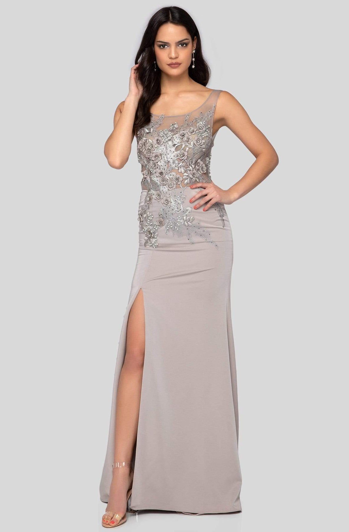 Terani Couture - 1915E9731 Floral Applique Illusion Scoop Dress Special Occasion Dress 0 / Taupe