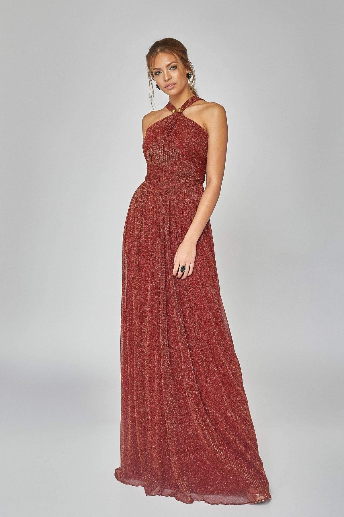 Terani Couture - 1921E0094 Pleated Metallic Halter Evening Dress