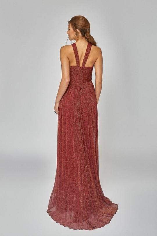 Terani Couture - 1921E0094 Pleated Shimmer Metallic Knit Halter Gown Evening Dresses